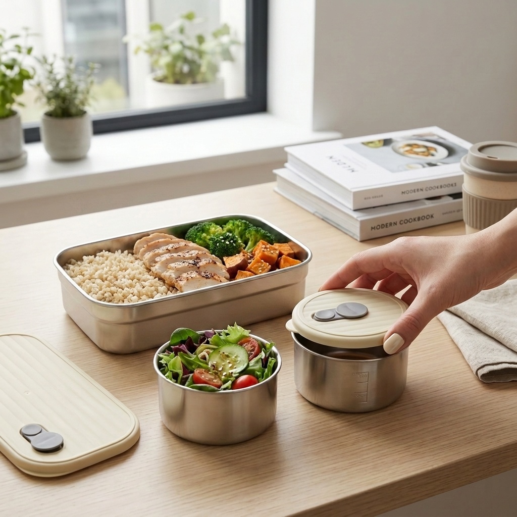 Meal Preparation - Mikrowellengeeignetes 304 Edelstahl-Bento-Box-Set mit 3 Fächern,