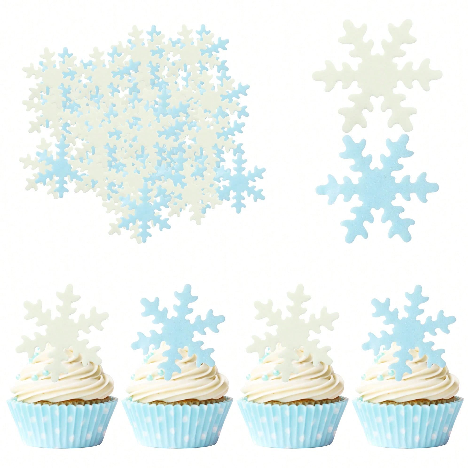 Meal Prep Frozen - 50 Stück blau-weiße Cupcake-Topper, Kuchenschneeflocken, Kuchendekoration,