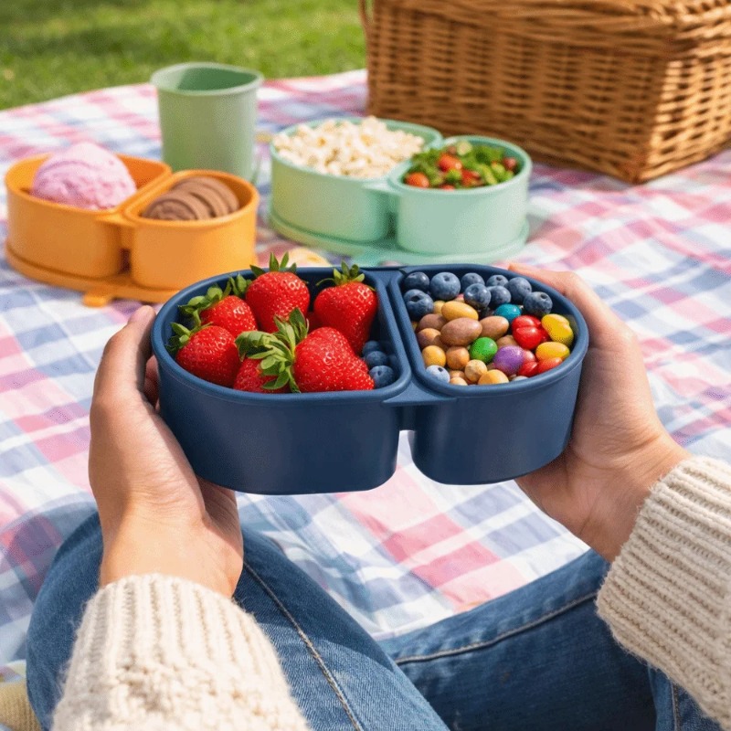 Meal Prep Chia Pudding - Lebensmittelechte Silikon-Lunchbox Wiederverwendbare Doppelkammer-Snackbehälter mit Deckel